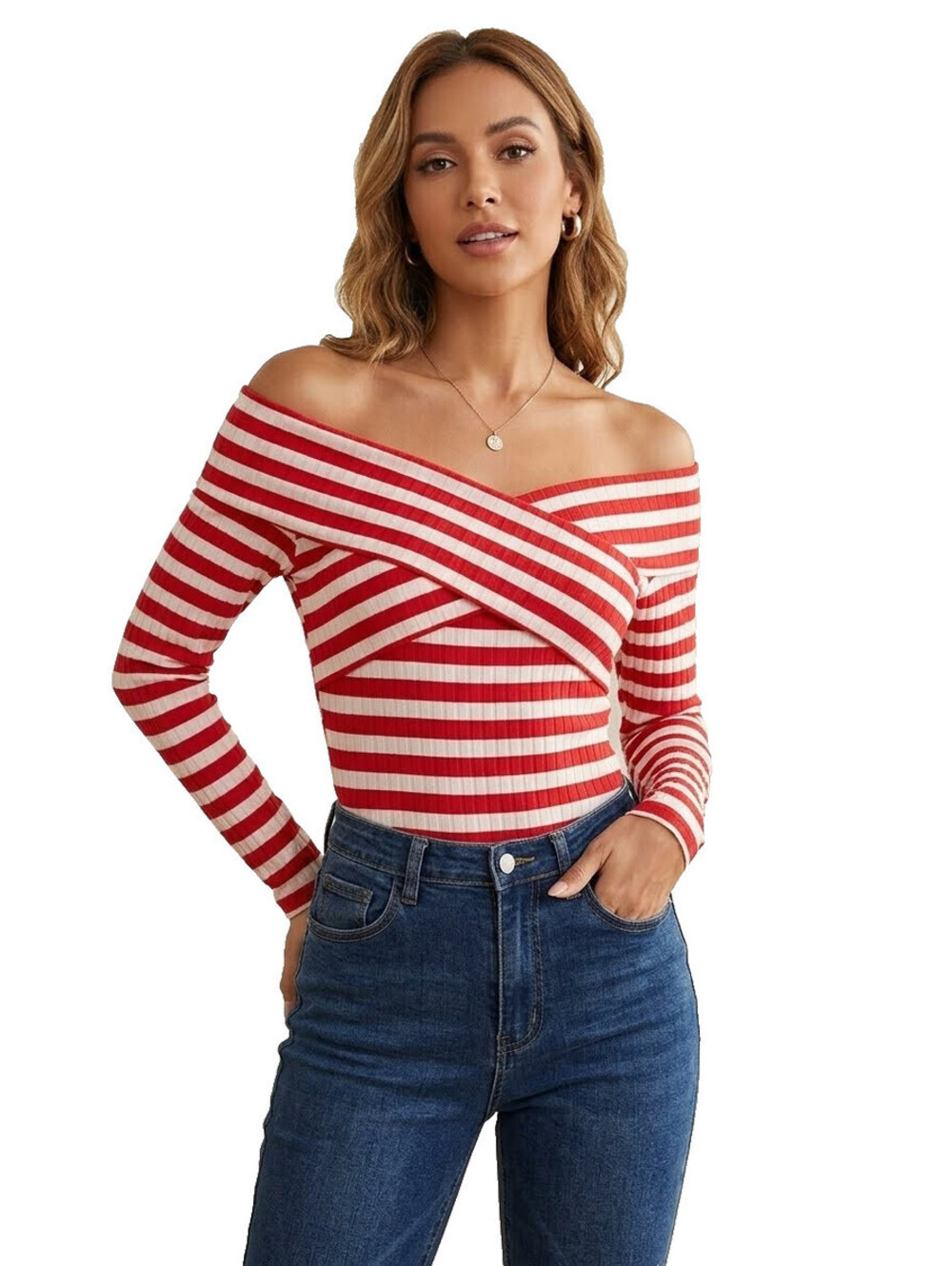 Material Girl Women's Size M Medium Red White Striped Bodysuit Top Long Sleeve